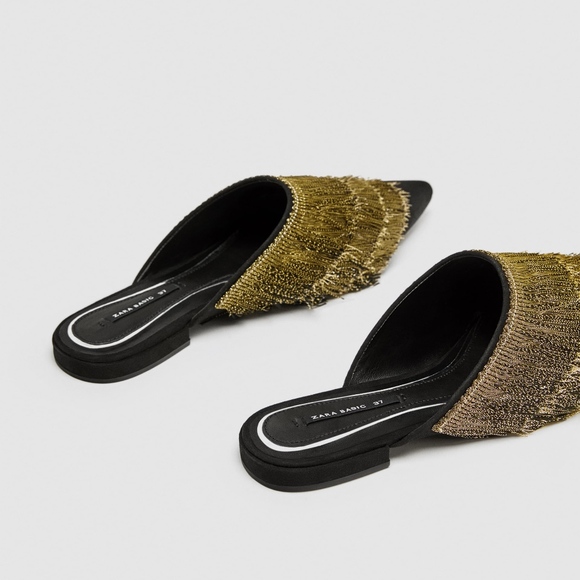 ZARA FLAT GOLD MULES WITH FRINGE FLAPPER SLIP ON - Picture 5 of 8